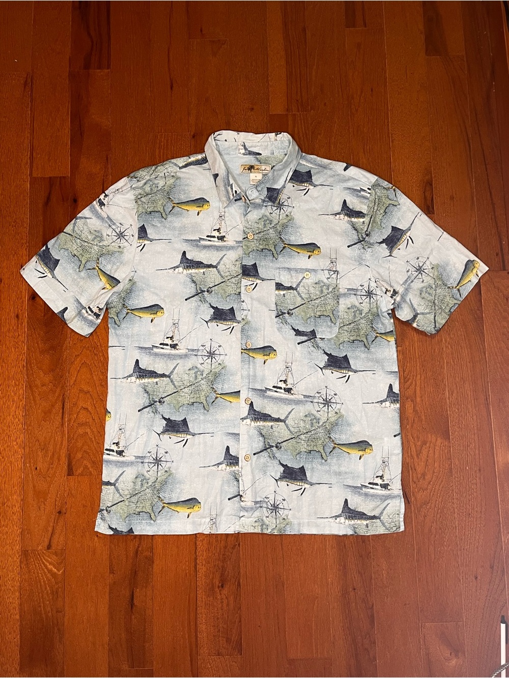 Joe Marlin Fish Hawaiian Shirt Short Sleeve Blue Button Down Nautical Size XL